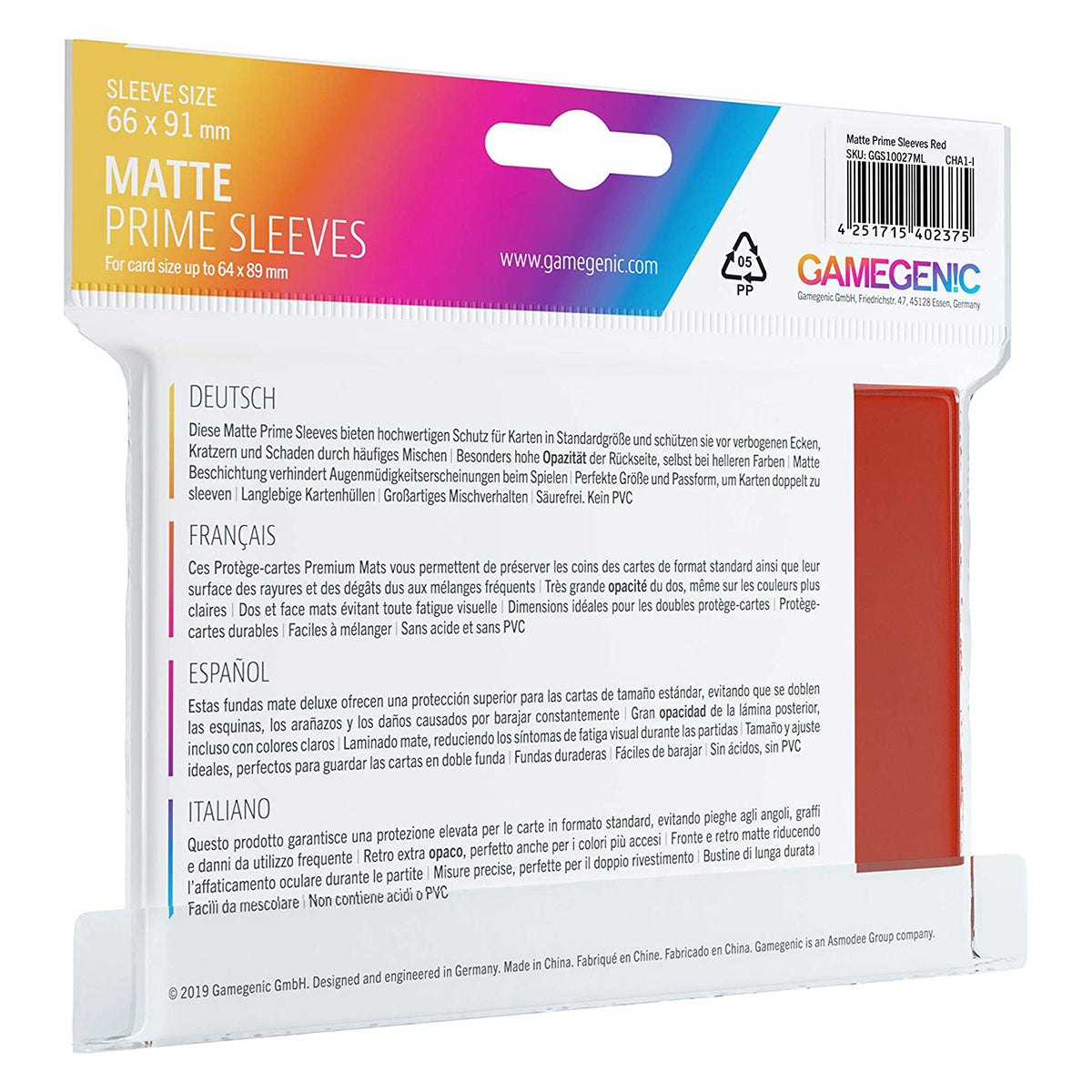 Gamegenic Matte Prime Card Sleeves Red (66mm x 91mm) (100 Sleeves Per Pack)