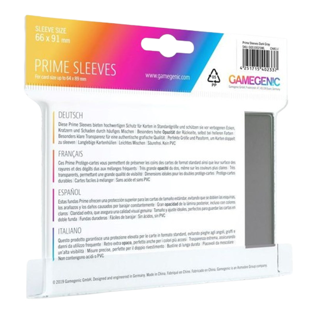 Gamegenic Prime Card Sleeves Dark Gray (66mm x 91mm) (100 Sleeves Per Pack)