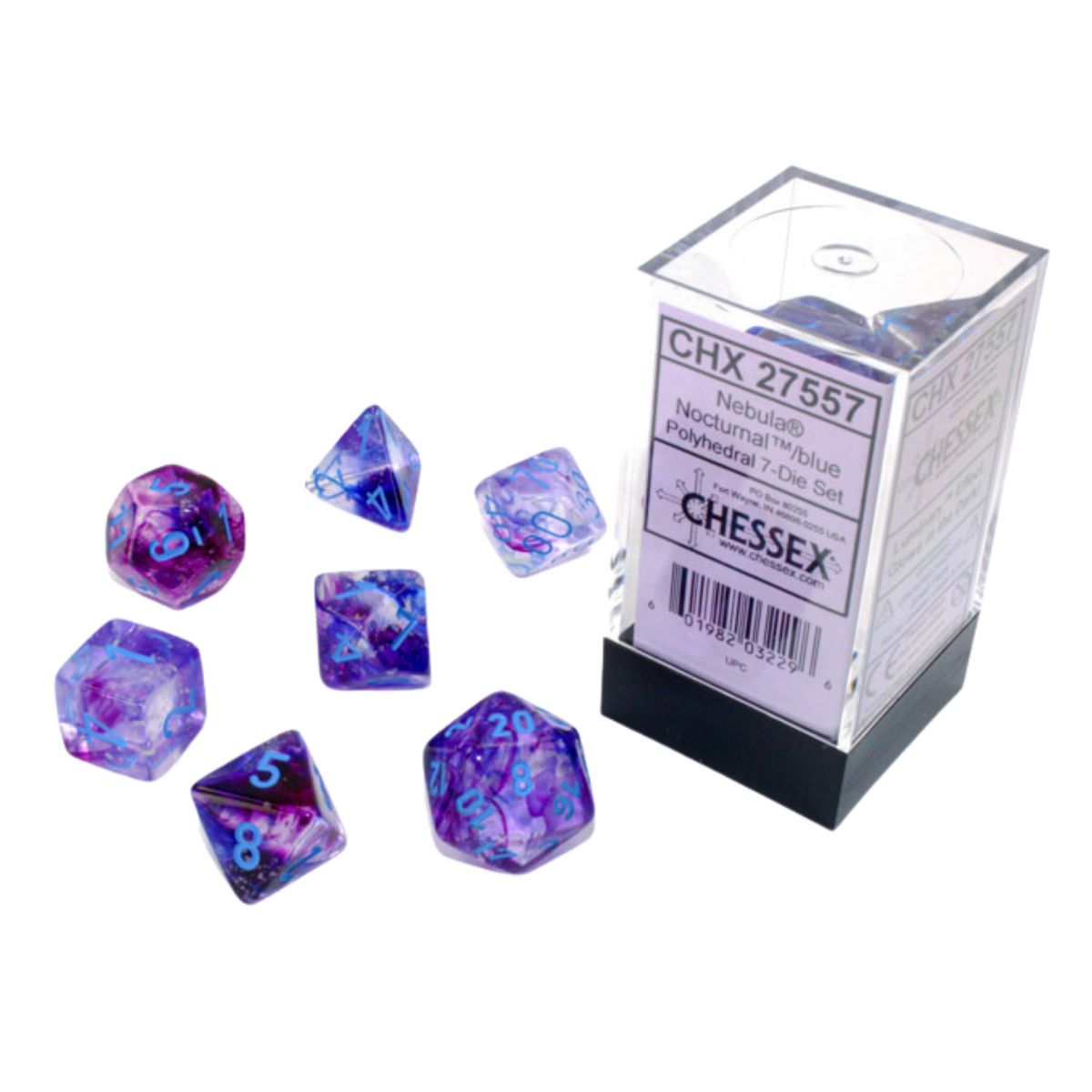 Chessex CHX 27557 Nebula Polyhedral Nocturnal/Blue Luminary 7-Die Set